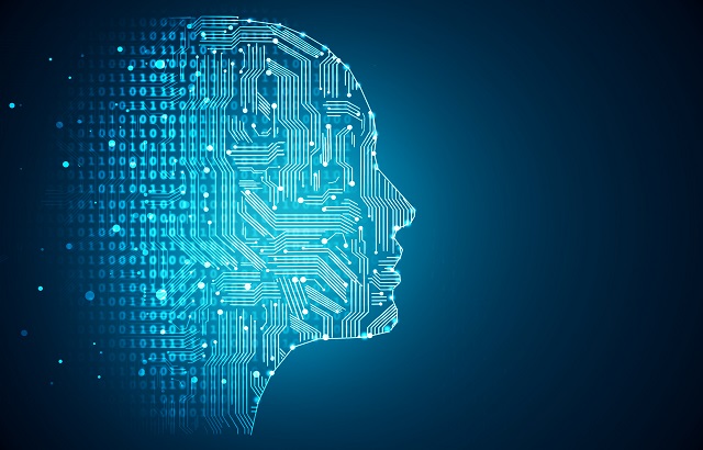 A stylised image of a circuit board in the shape of a human head, side profile