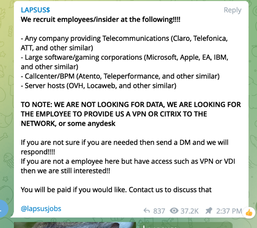 Partial screenshot of a messaging application showing a text message from LAPSUS$ with the following heading: We recruit employees/insider at the following!!!!
