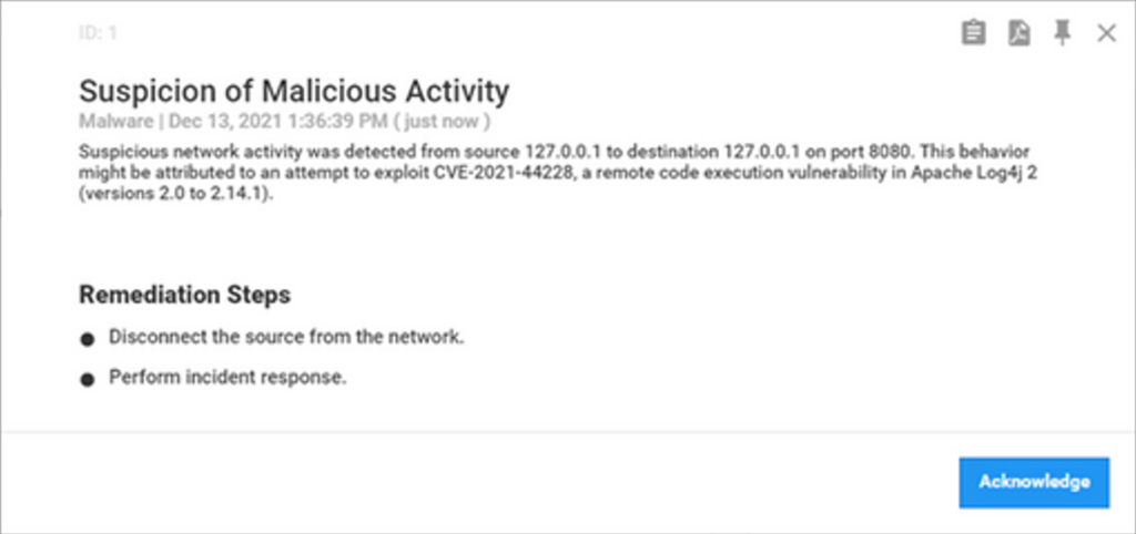 Screenshot of Microsoft Defender for IoT detection for suspicious activity
