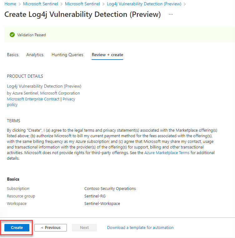 Screenshot of Log4j vulnerability detection solution in Microsoft Sentinel