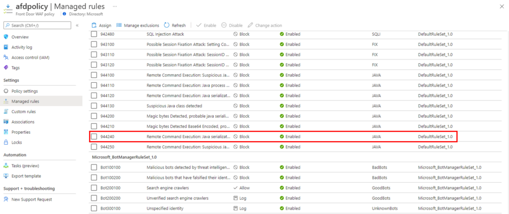 Screenshot of Managed rules in Azure Web Application Firewall 