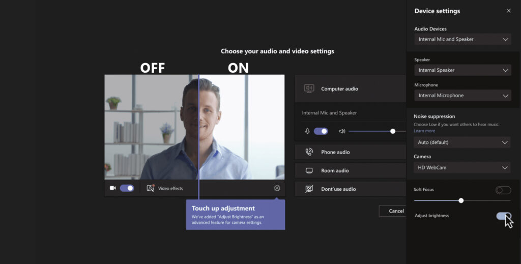 Adjust brightness and focus settings in Microsoft Teams. Screen shows gentleman on start screen of a Teams meeting with split screen for brightness on and off.