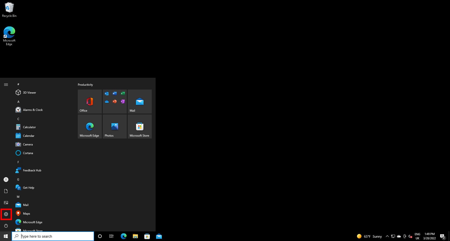 The gear icon in the Start menu is hightlighted