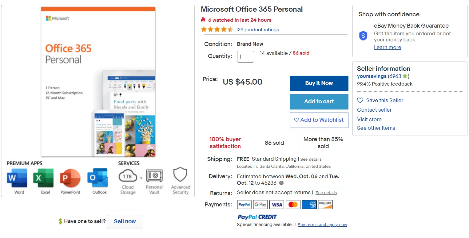 Office 365 eBay listing