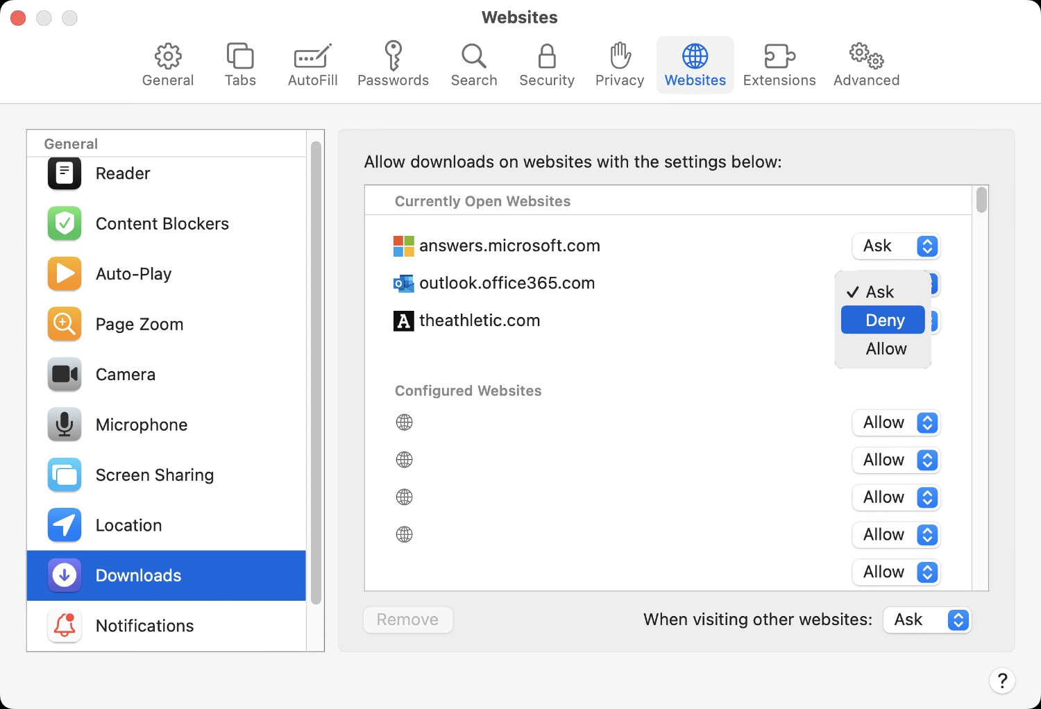 Safari Outlook deny downloads
