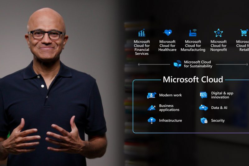 Satya Nadella at Inspire 2021 beside a Microsoft Cloud graphic