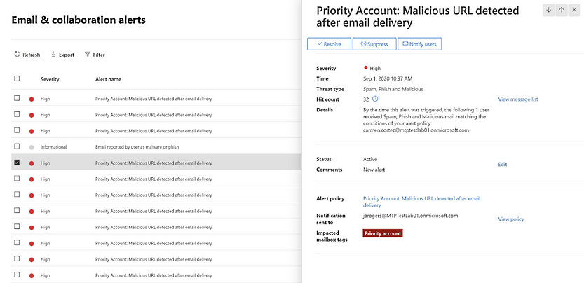 Office 365 priority account alert