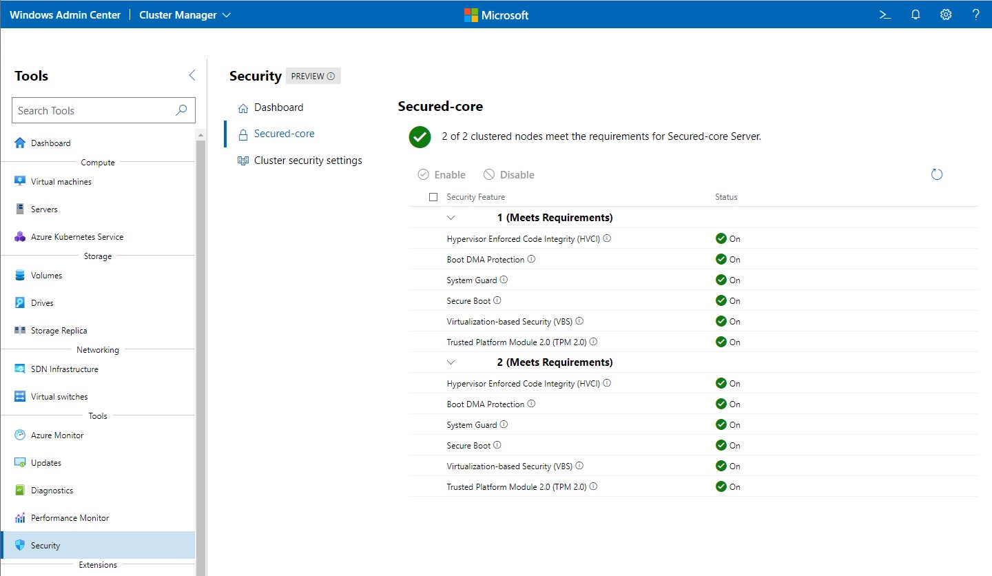Windows Admin Center screenshot showing six Secured-core features status each on a two-node demo cluster.