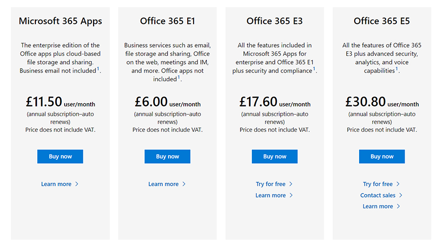 Screenshot of the price plans for Microsoft 365 Apps, Office 365 E1, Office 365 E2, Office 365 E3 with monthly subscription prices shown for all.