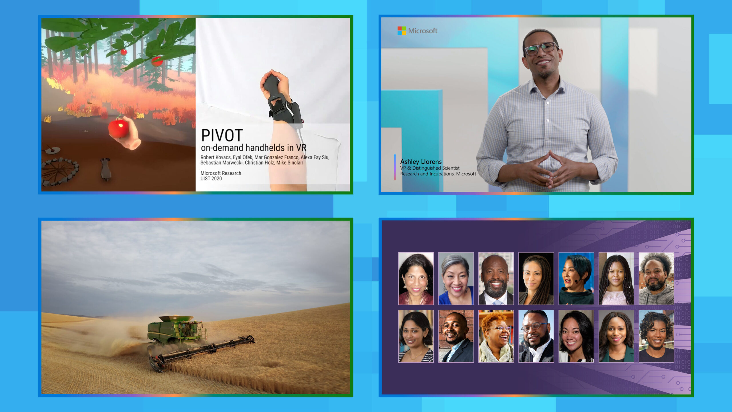 Four images highlighting: PIVOT, Ashley Llorens, farming, Race and Technology series